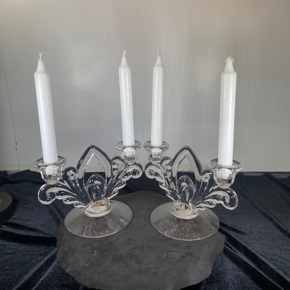 1950's Vintage Glass, Pair of Vintage Clear Glass Ornate Double Arm Candlesticks